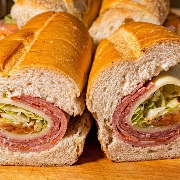 Two large, sliced Italian subs filled with deli meats, cheese, lettuce, and tomatoes on a wooden board.
