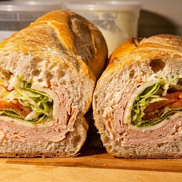 Two large deli sandwiches with turkey, cheese, lettuce, and tomato on a wooden cutting board.