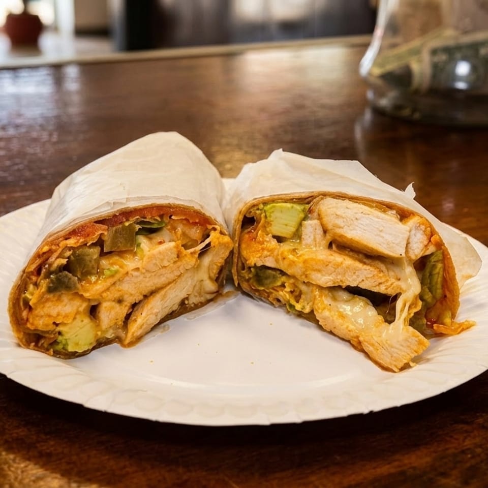 A chicken wrap, cut in half, on a white paper plate, filled with chicken, avocado, and cheese.