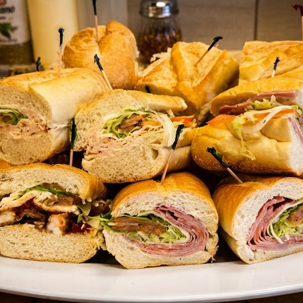 A large platter filled with various submarine sandwiches, cut in half and held with toothpicks.