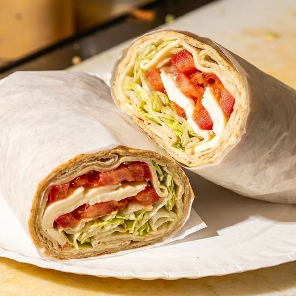 Two fresh wraps, cut in half, filled with lettuce, tomatoes, and cheese on a white paper plate.